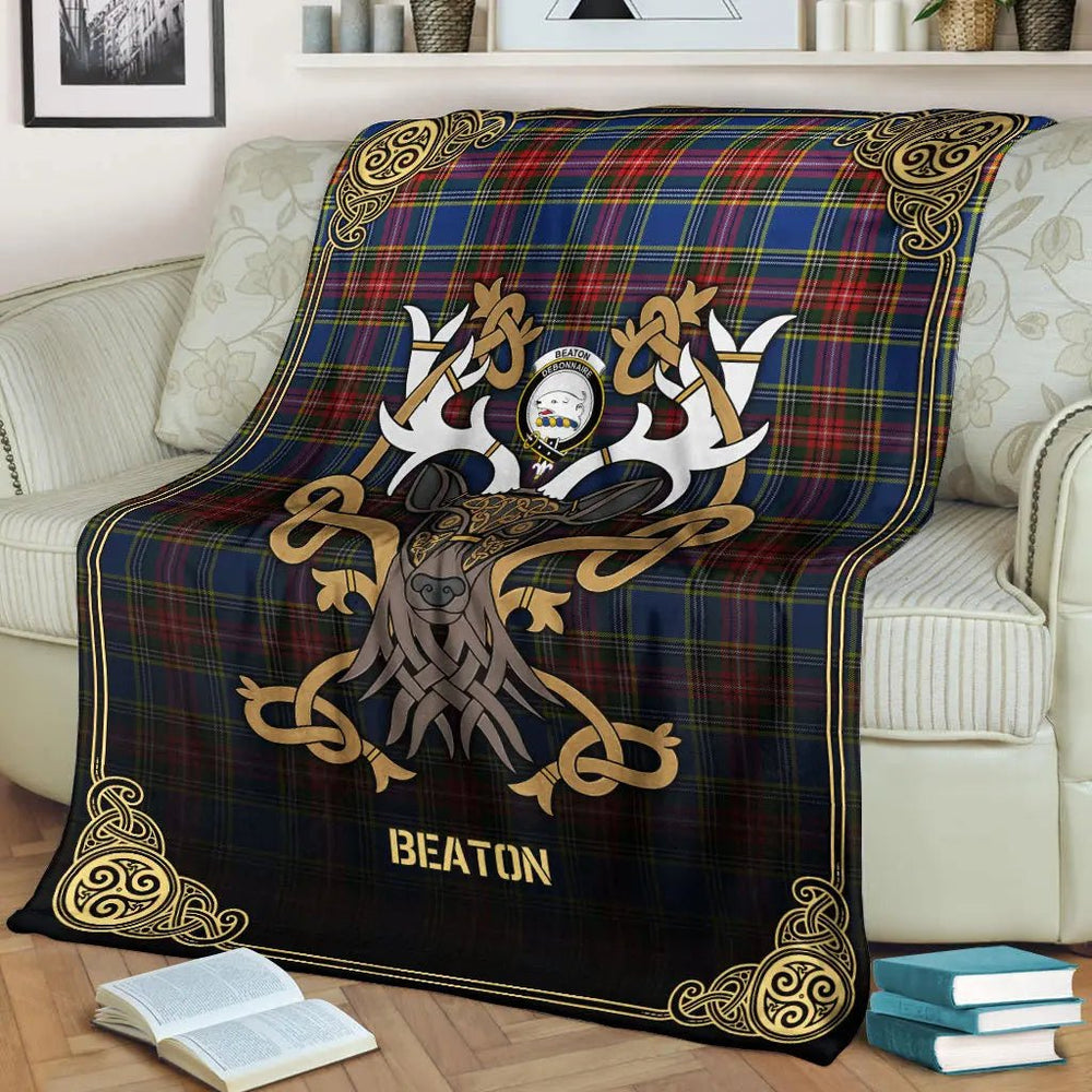 Clan Beaton Modern Tartan Crest Premium Blanket Celtic Stag Style CH61 Clan Beaton Tartan Today   