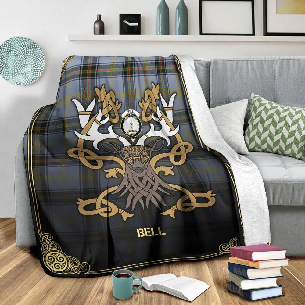 Clan Bell of the Borders Tartan Crest Premium Blanket Celtic Stag Style BX77 Clan Bell Tartan Today   