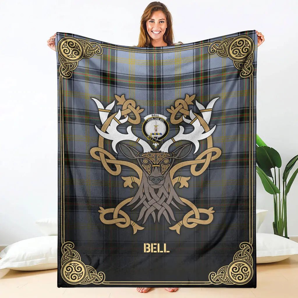Clan Bell of the Borders Tartan Crest Premium Blanket Celtic Stag Style BX77 Clan Bell Tartan Today   