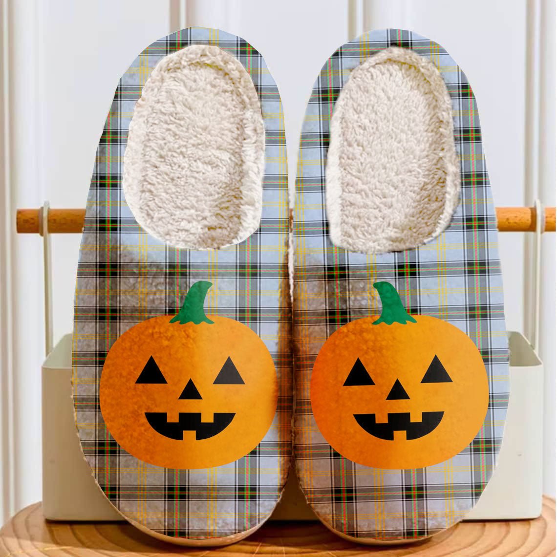 Clan Bell of the Borders Tartan Halloween Pumpkin Slippers, Fluffy Spooky Slippers BR98 Bell of the Borders Tartan Tartan Halloween   