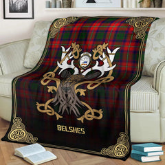Clan Belshes Tartan Crest Premium Blanket Celtic Stag Style FZ19 Clan Belshes Tartan Today   