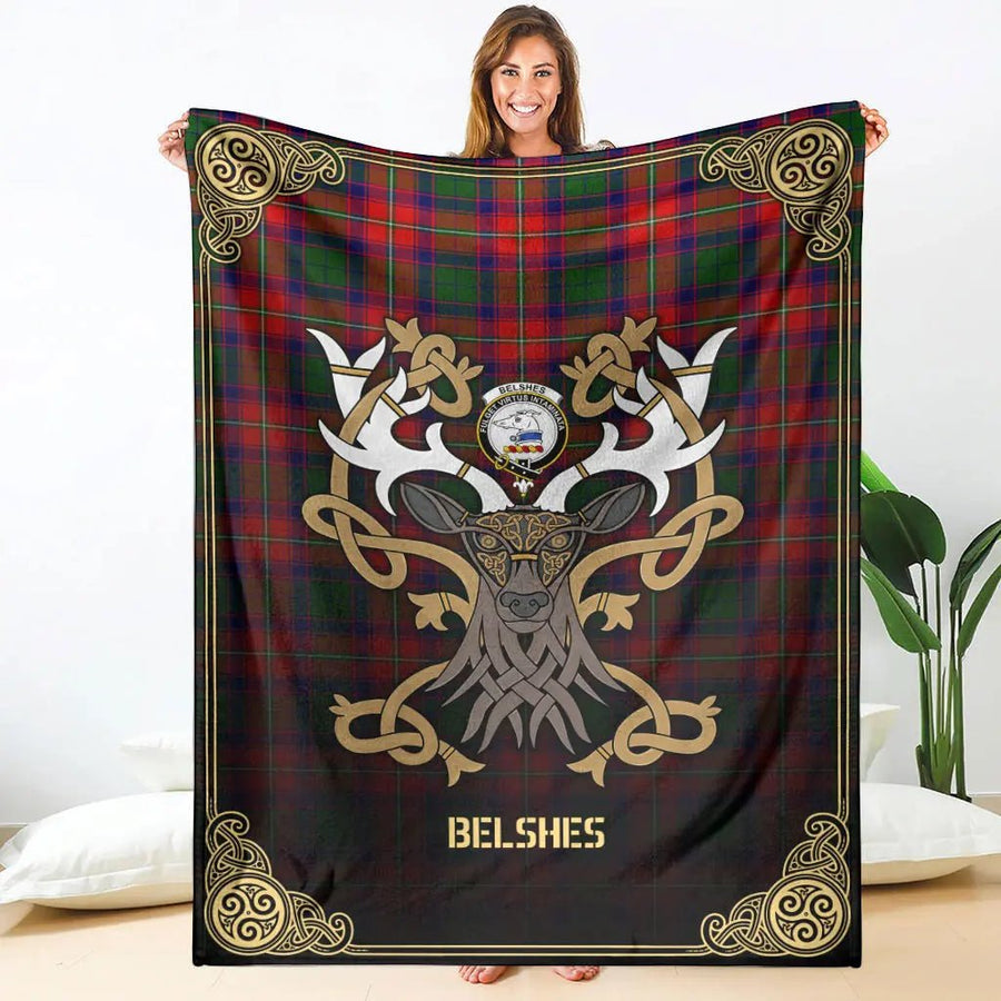 Clan Belshes Tartan Crest Premium Blanket Celtic Stag Style