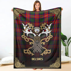 Clan Belshes Tartan Crest Premium Blanket Celtic Stag Style FZ19 Clan Belshes Tartan Today   
