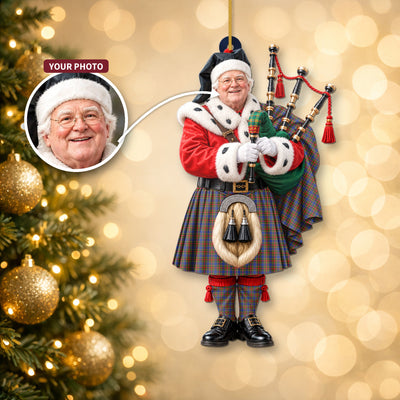 Clan Bethune Tartan Christmas Piper Ornament with Custom Photo