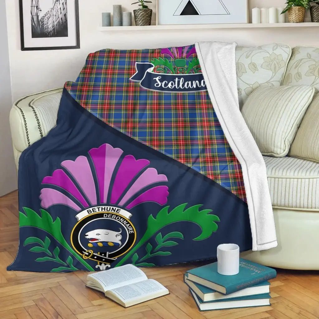 Clan Bethune Tartan Crest Premium Blanket Thistle Style LR23 Clan Bethune Tartan Today   