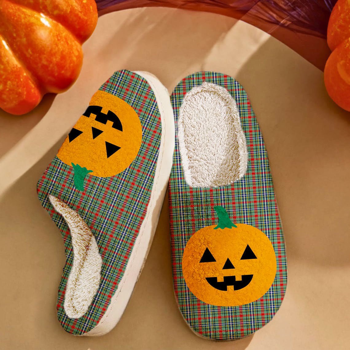 Clan Bisset 2 Tartan Halloween Pumpkin Slippers, Fluffy Spooky Slippers LA84 Bisset 2 Tartan Tartan Halloween   