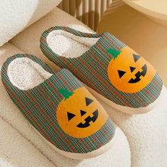 Clan Bisset 2 Tartan Halloween Pumpkin Slippers, Fluffy Spooky Slippers LA84 Bisset 2 Tartan Tartan Halloween   