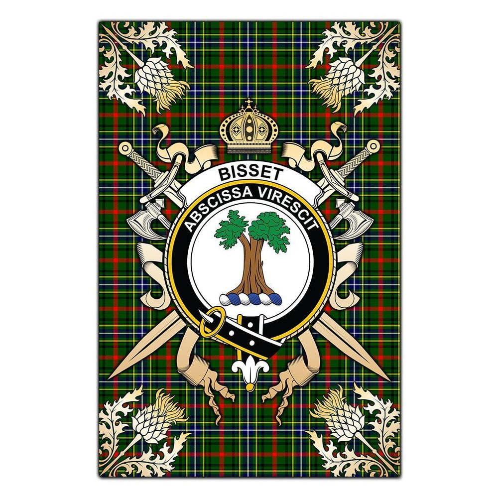 Clan Bisset Tartan Crest Black Garden Flag  - Gold Thistle  YF63 Clan Bisset Tartan Today   