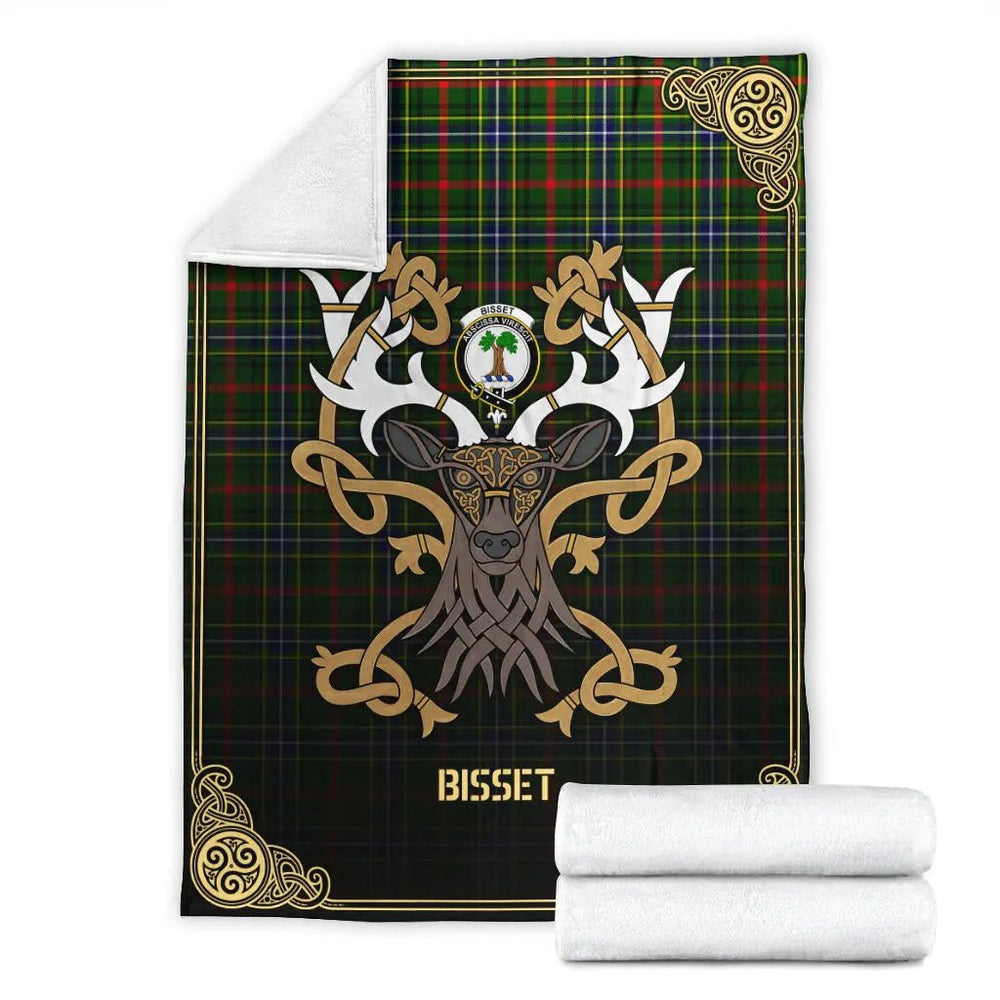 Clan Bisset Tartan Crest Premium Blanket Celtic Stag Style BV85 Clan Bisset Tartan Today   