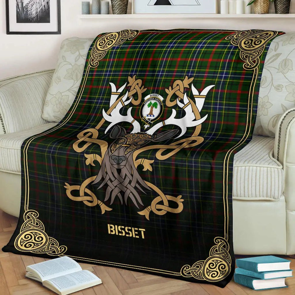 Clan Bisset Tartan Crest Premium Blanket Celtic Stag Style BV85 Clan Bisset Tartan Today   