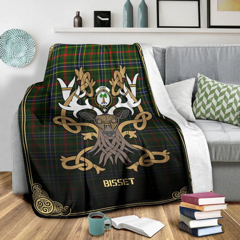 Clan Bisset Tartan Crest Premium Blanket Celtic Stag Style BV85 Clan Bisset Tartan Today   