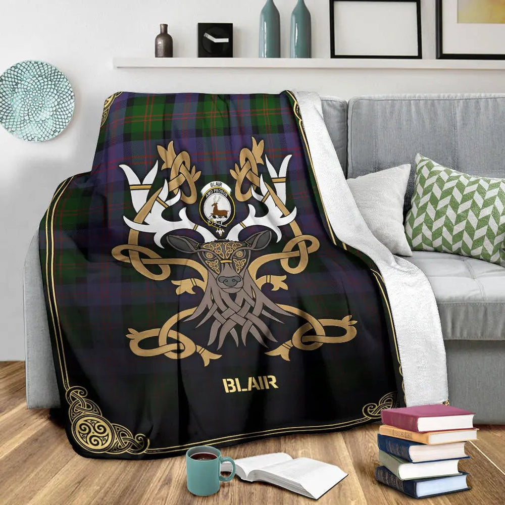 Clan Blair Modern Tartan Crest Premium Blanket Celtic Stag Style FF15 Clan Blair Tartan Today   