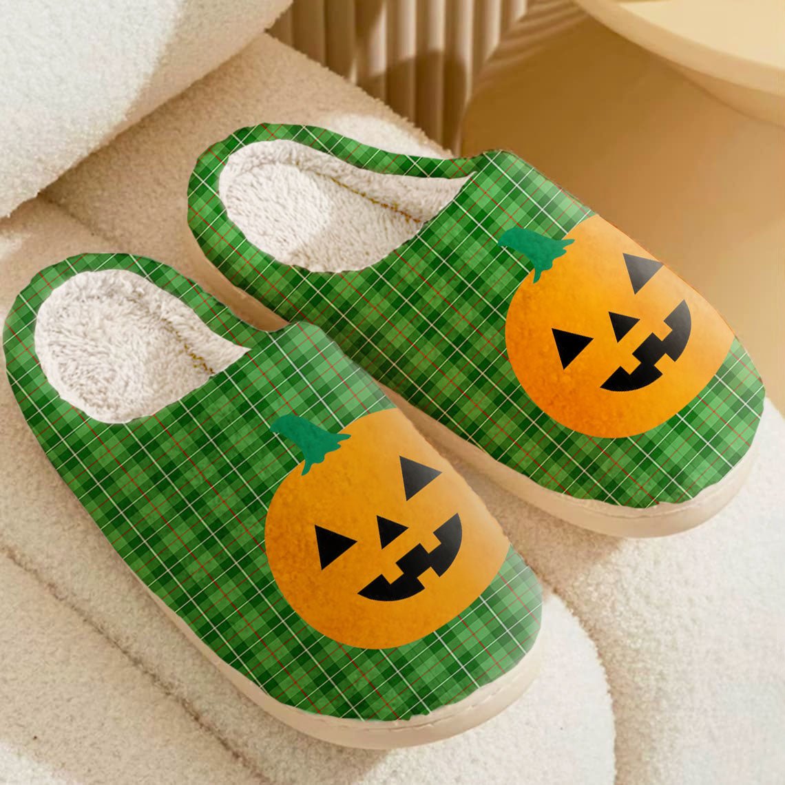 Clan Blane 1 Tartan Halloween Pumpkin Slippers, Fluffy Spooky Slippers IP61 Blane 1 Tartan Tartan Halloween   