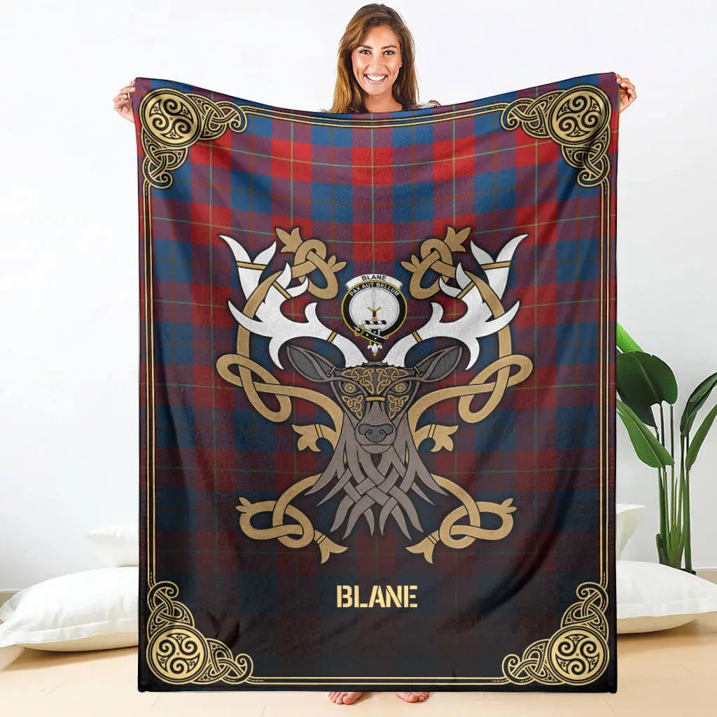 Clan Blane Tartan Crest Premium Blanket Celtic Stag Style PH37 Clan Blane Tartan Today   