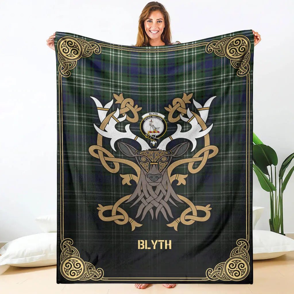 Clan Blyth Tartan Crest Premium Blanket Celtic Stag Style GH19 Clan Blyth Tartan Today   