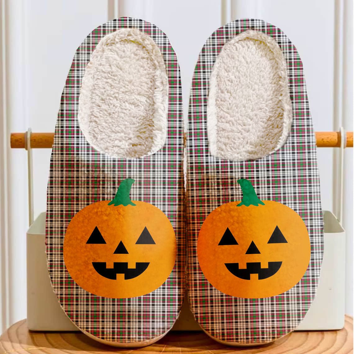 Clan Borthwick Tartan Halloween Pumpkin Slippers, Fluffy Spooky Slippers OT16 Borthwick Tartan Tartan Halloween   