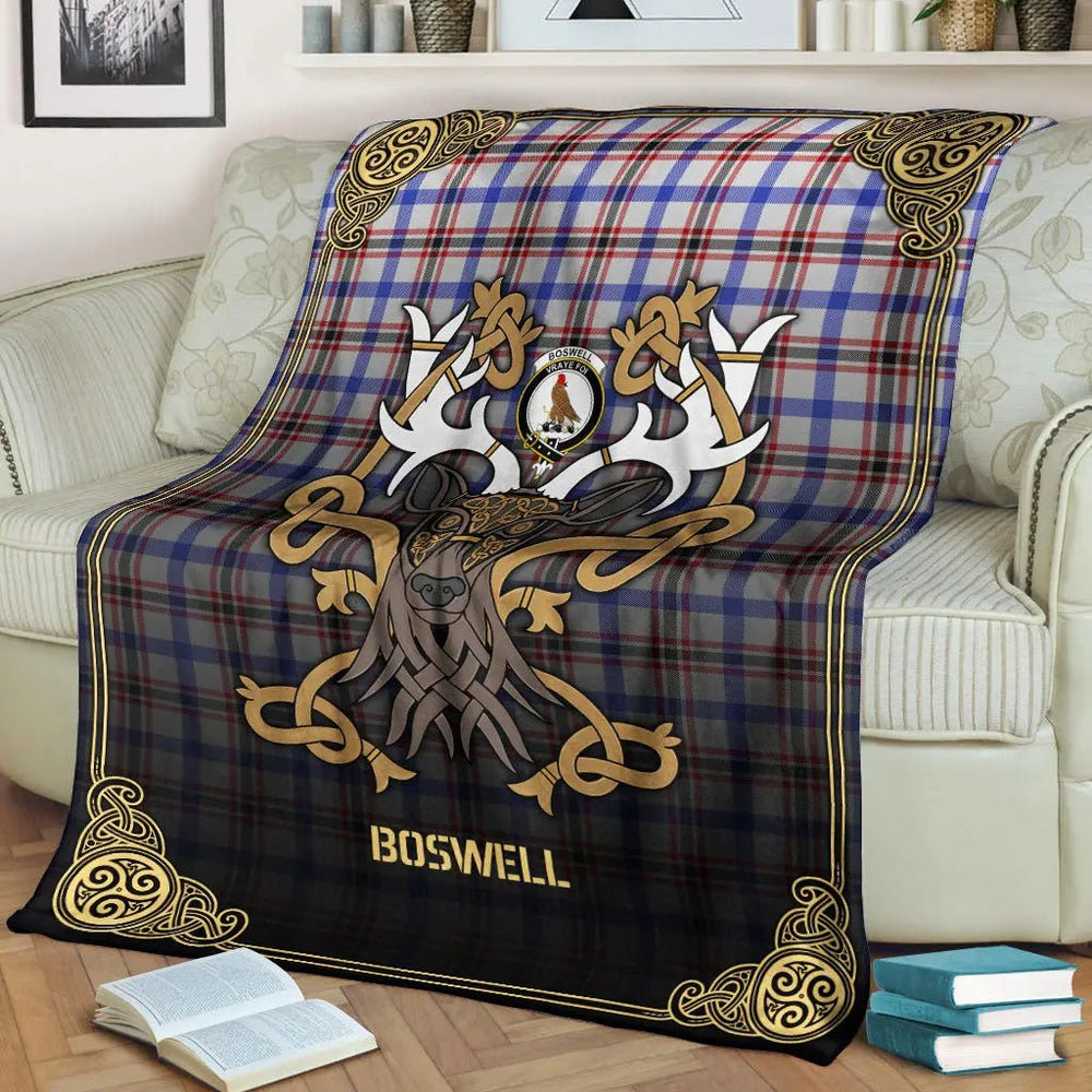 Clan Boswell Modern Tartan Crest Premium Blanket Celtic Stag Style KZ60 Clan Boswell Tartan Today   