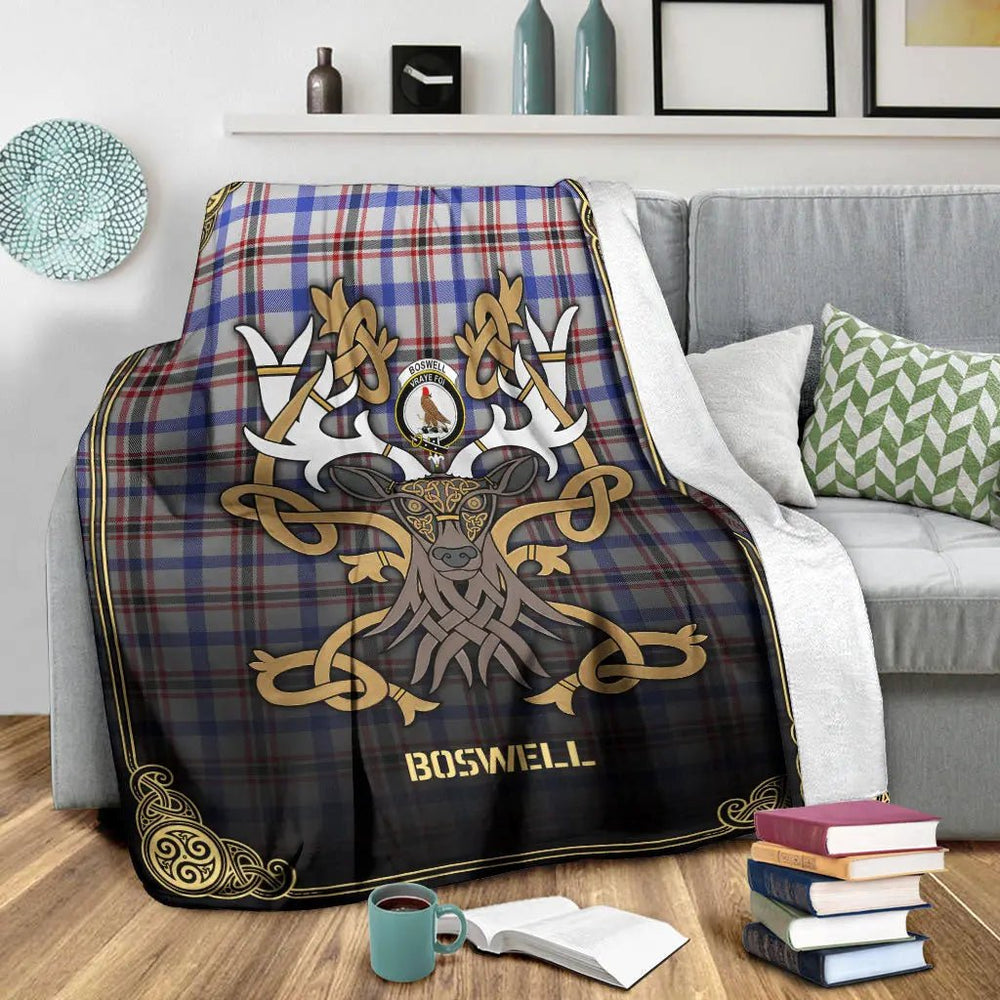 Clan Boswell Modern Tartan Crest Premium Blanket Celtic Stag Style KZ60 Clan Boswell Tartan Today   