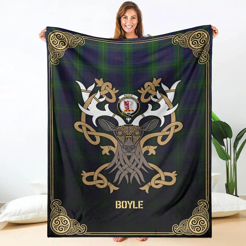 Clan Boyle Tartan Crest Premium Blanket Celtic Stag Style HB48 Clan Boyle Tartan Today   