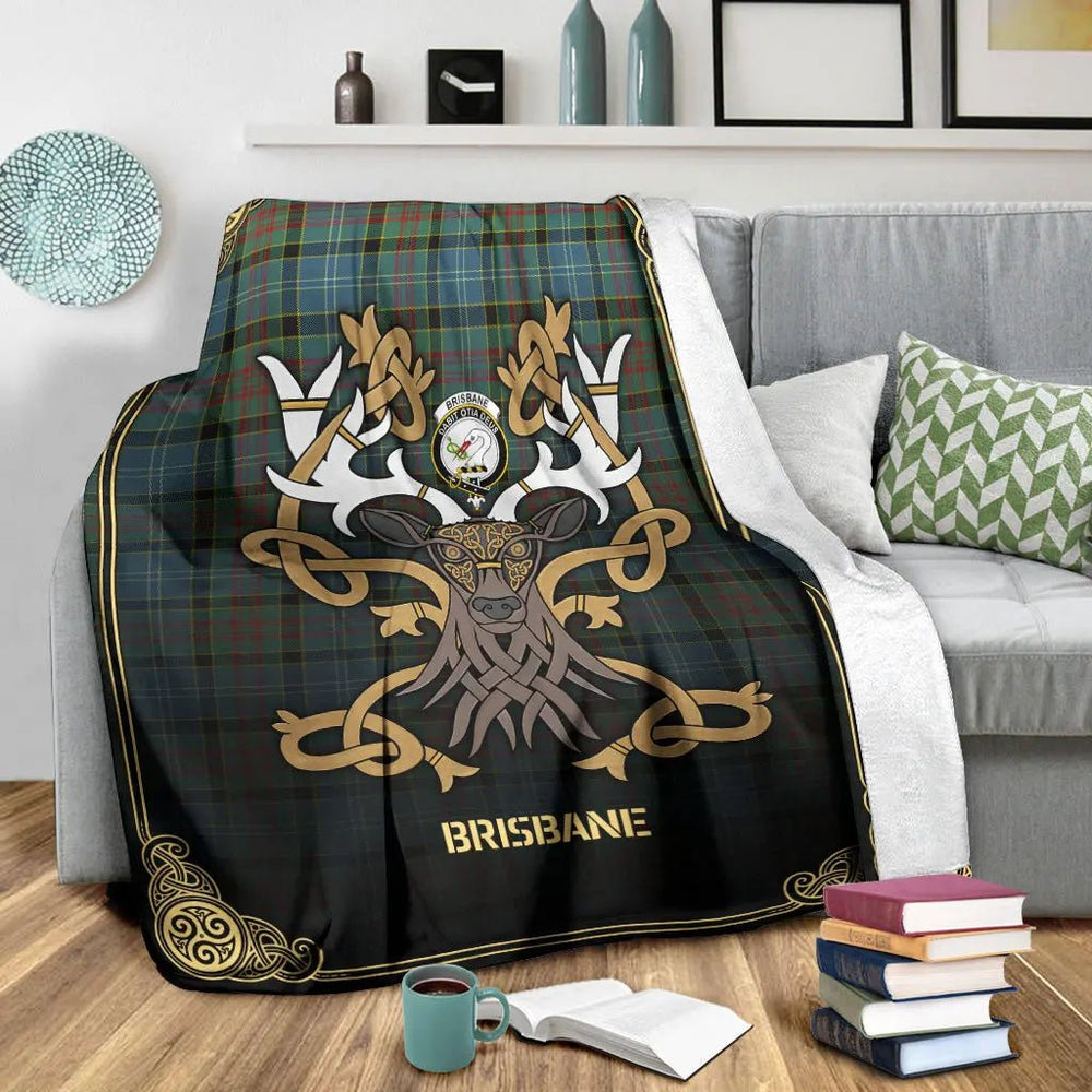 Clan Brisbane Tartan Crest Premium Blanket Celtic Stag Style ZF36 Clan Brisbane Tartan Today   