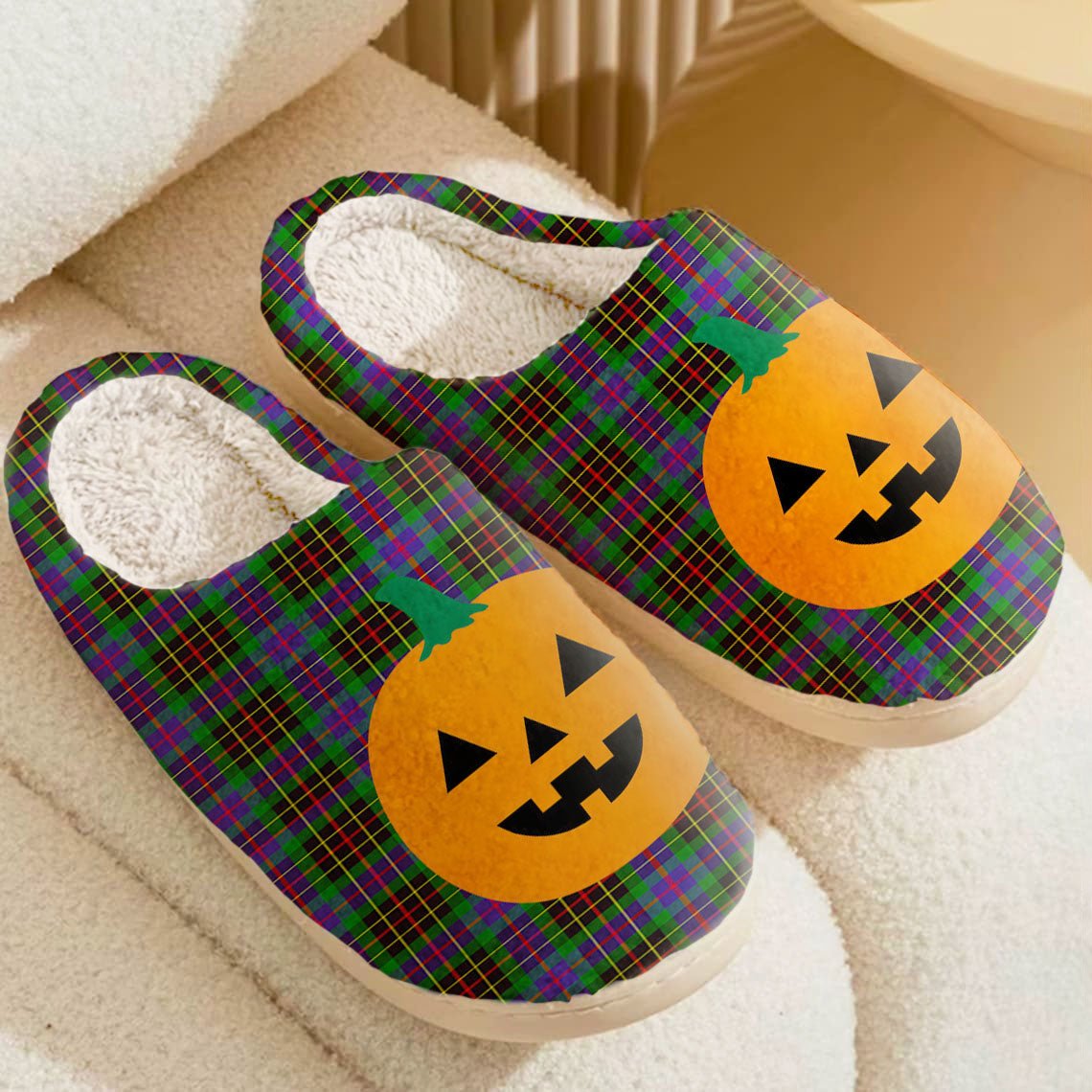 Clan Brodie Hunting Modern Tartan Halloween Pumpkin Slippers, Fluffy Spooky Slippers KJ76 Brodie Hunting Modern Tartan Tartan Halloween   