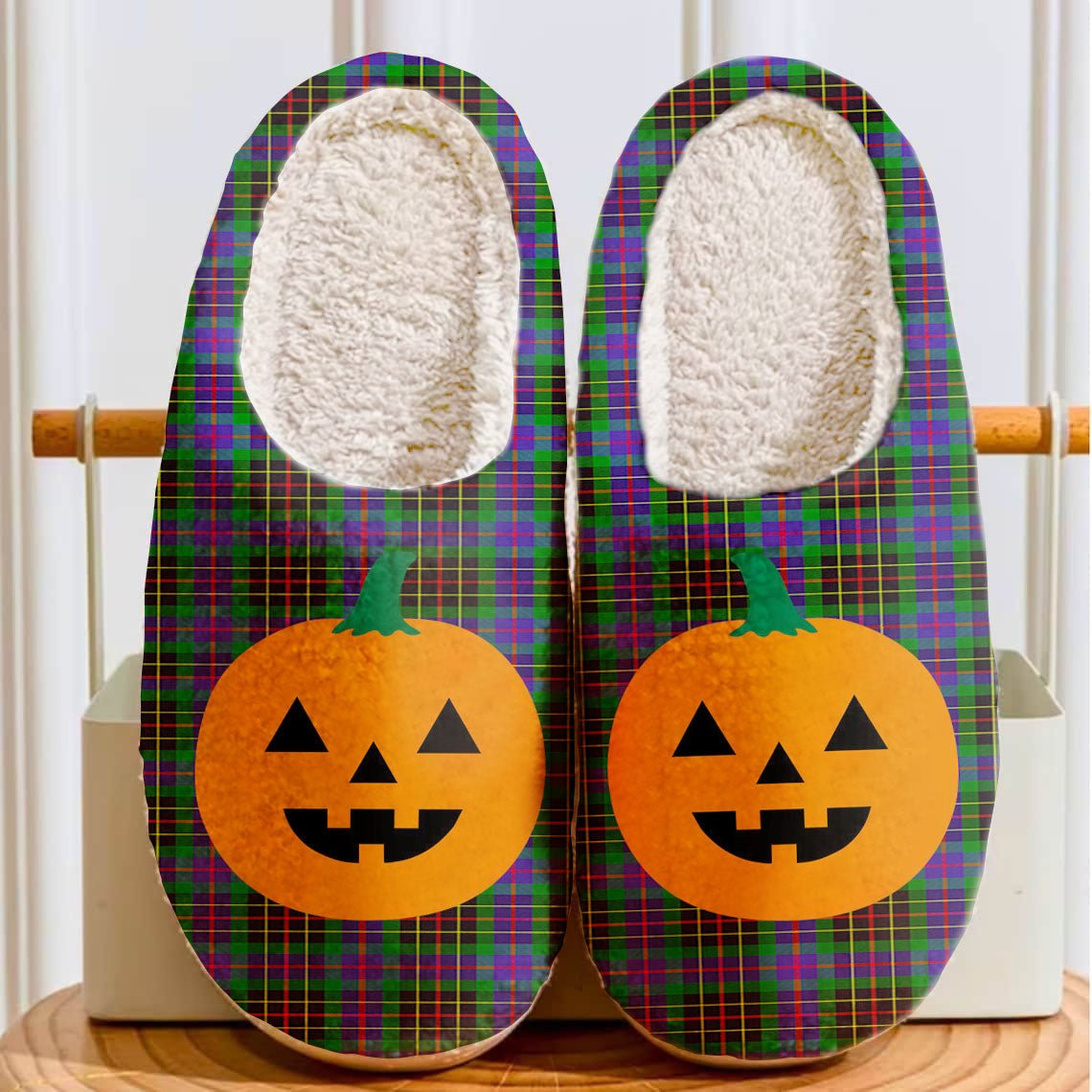 Clan Brodie Hunting Modern Tartan Halloween Pumpkin Slippers, Fluffy Spooky Slippers KJ76 Brodie Hunting Modern Tartan Tartan Halloween   