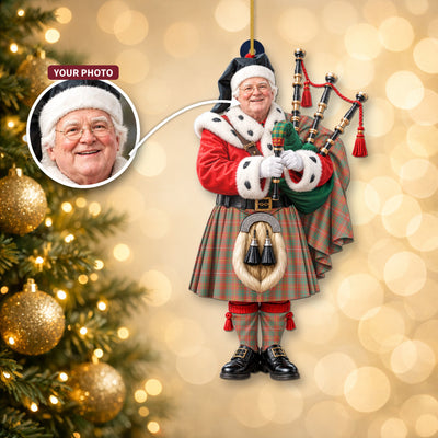 Clan Bruce Ancient Tartan Christmas Piper Ornament with Custom Photo