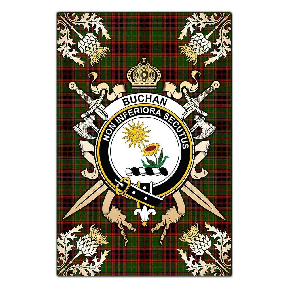 Clan Buchan Modern Tartan Crest Black Garden Flag  - Gold Thistle  AX81 Clan Buchan Tartan Today   