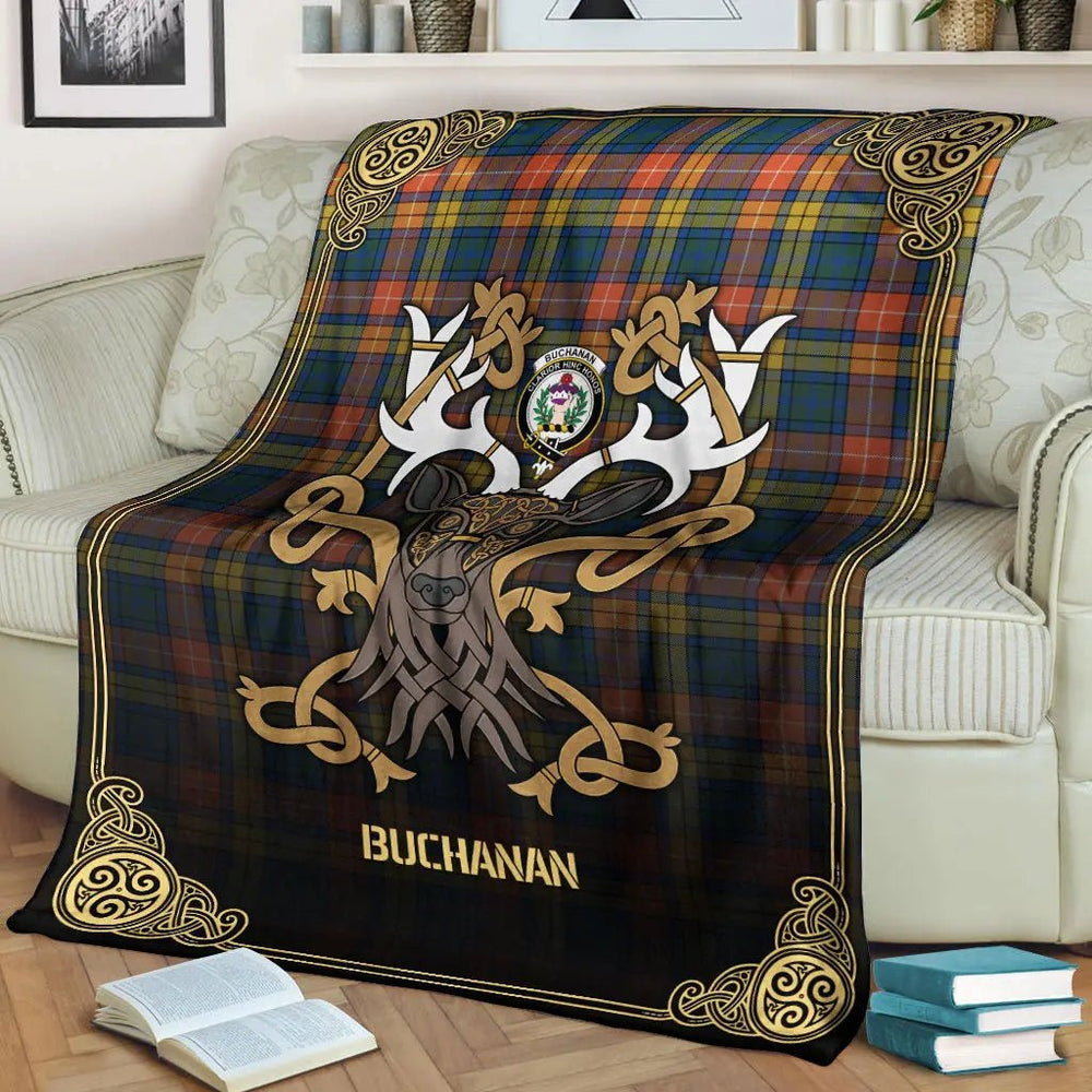Clan Buchanan Ancient Tartan Crest Premium Blanket Celtic Stag Style ZU10 Clan Buchanan Tartan Today   