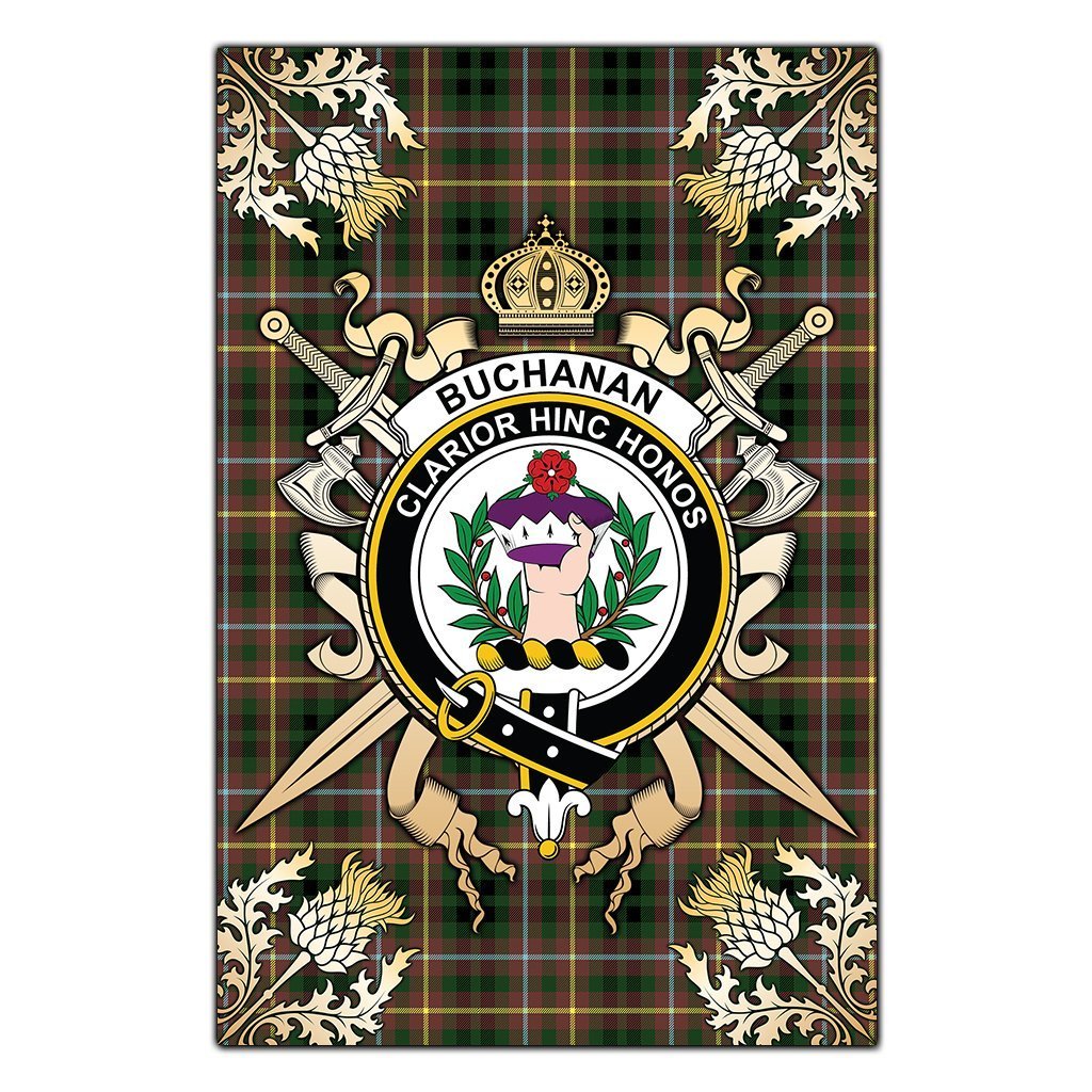Clan Buchanan Hunting Tartan Crest Black Garden Flag  - Gold Thistle  GO26 Clan Buchanan Tartan Today   