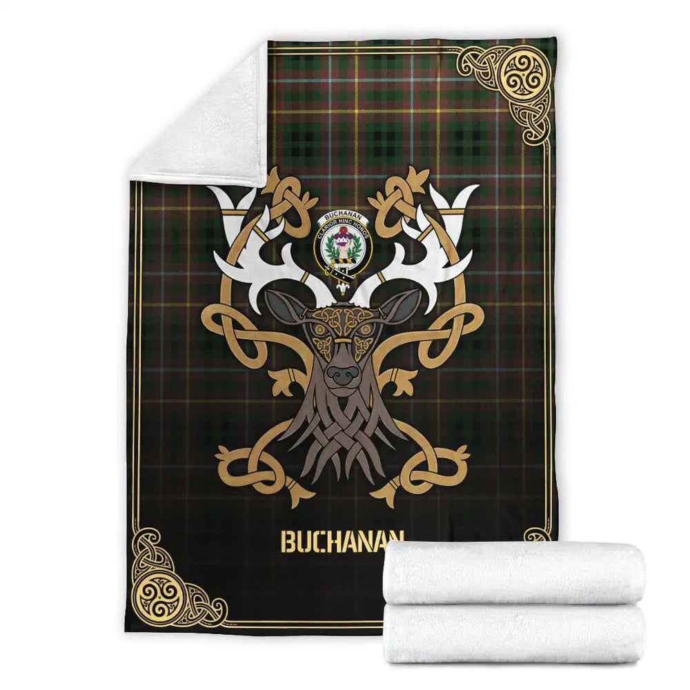 Clan Buchanan Hunting Tartan Crest Premium Blanket Celtic Stag Style LR48 Clan Buchanan Tartan Today   