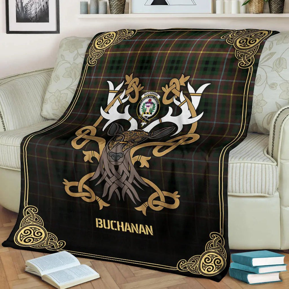 Clan Buchanan Hunting Tartan Crest Premium Blanket Celtic Stag Style LR48 Clan Buchanan Tartan Today   