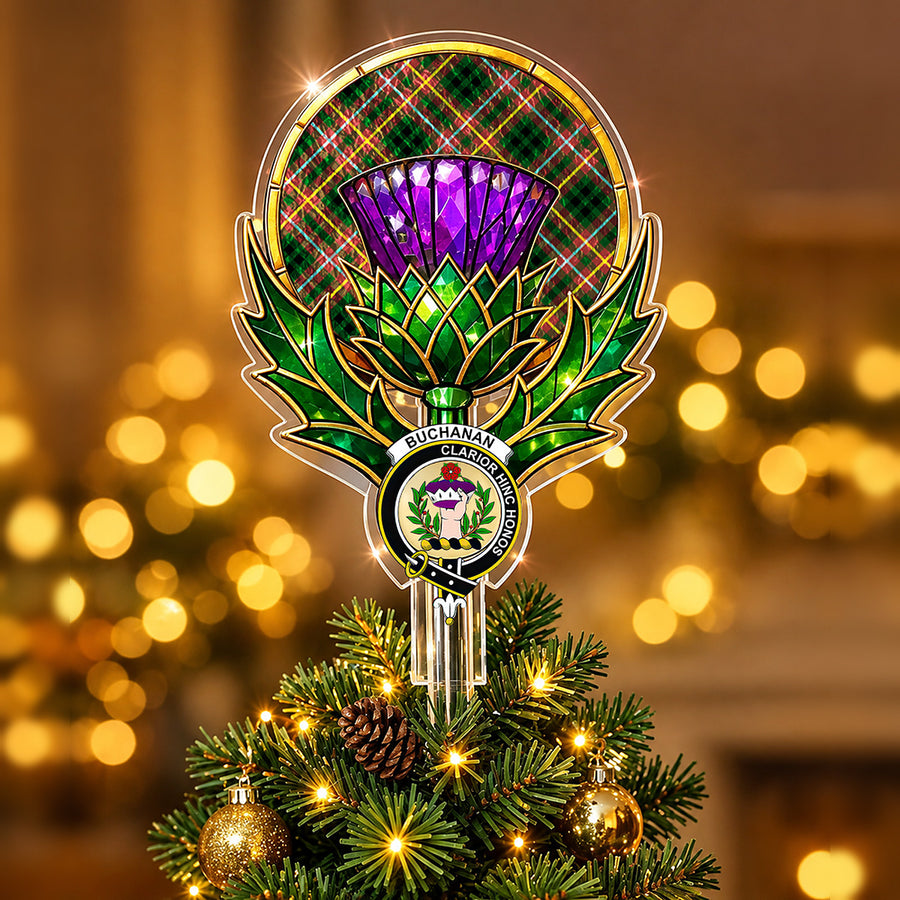 Clan Buchanan crest in the centre of a stained-glass style thistle Christmas tree topper with the Buchanan Hunting tartan behind the thistle