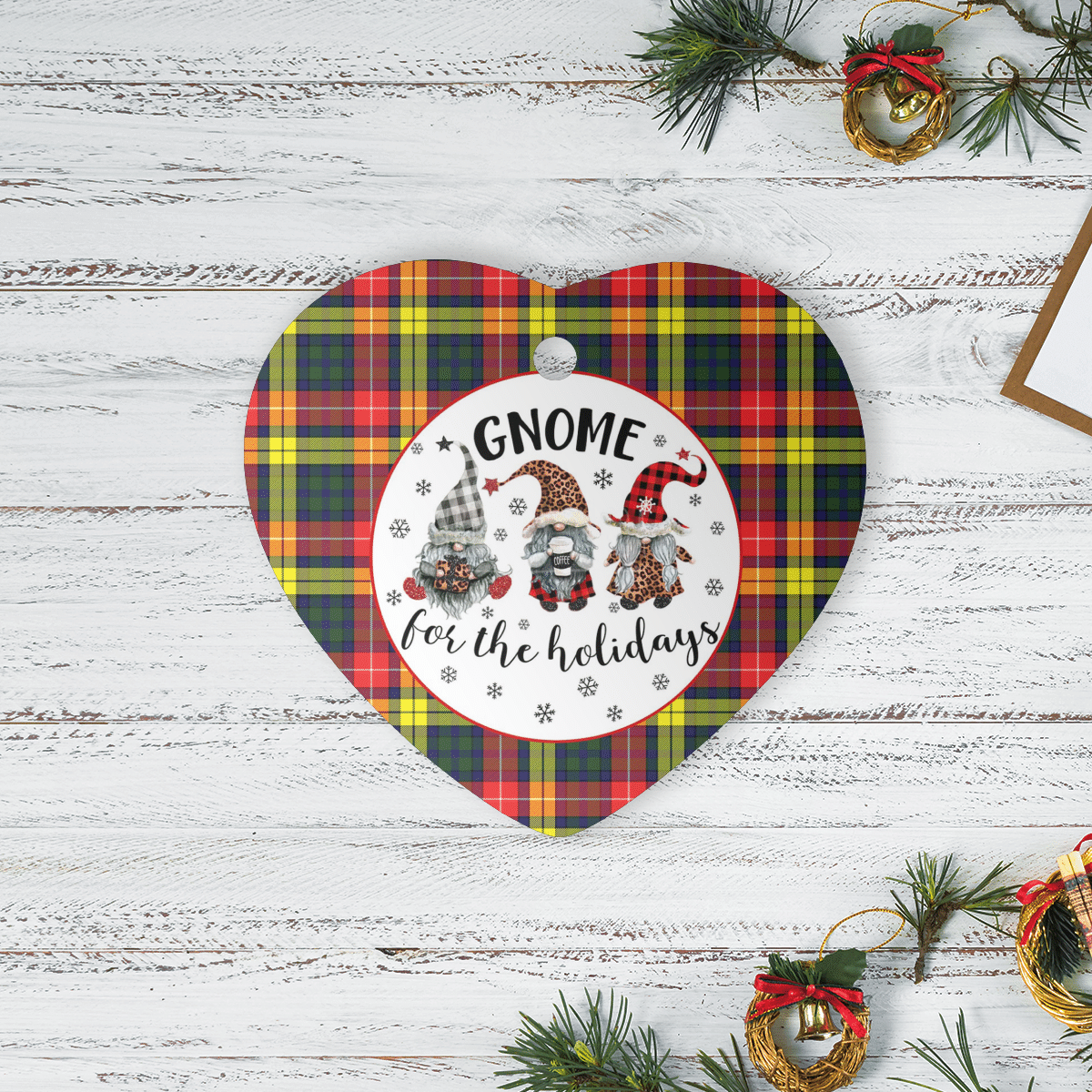 Clan Buchanan Modern Tartan Gnome Heart Ceramic Ornament IF65 Buchanan Modern Tartan Gnome Tartan Christmas   