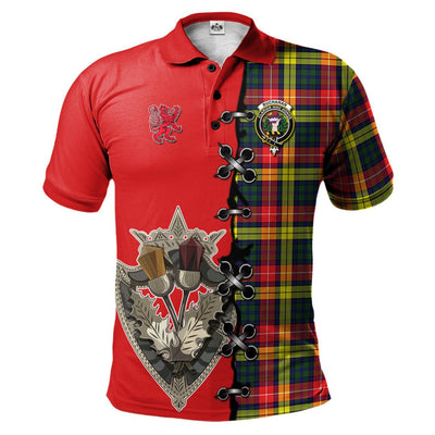 Clan Buchanan Modern Tartan Polo Shirt - Lion Rampant And Celtic Thistle Style