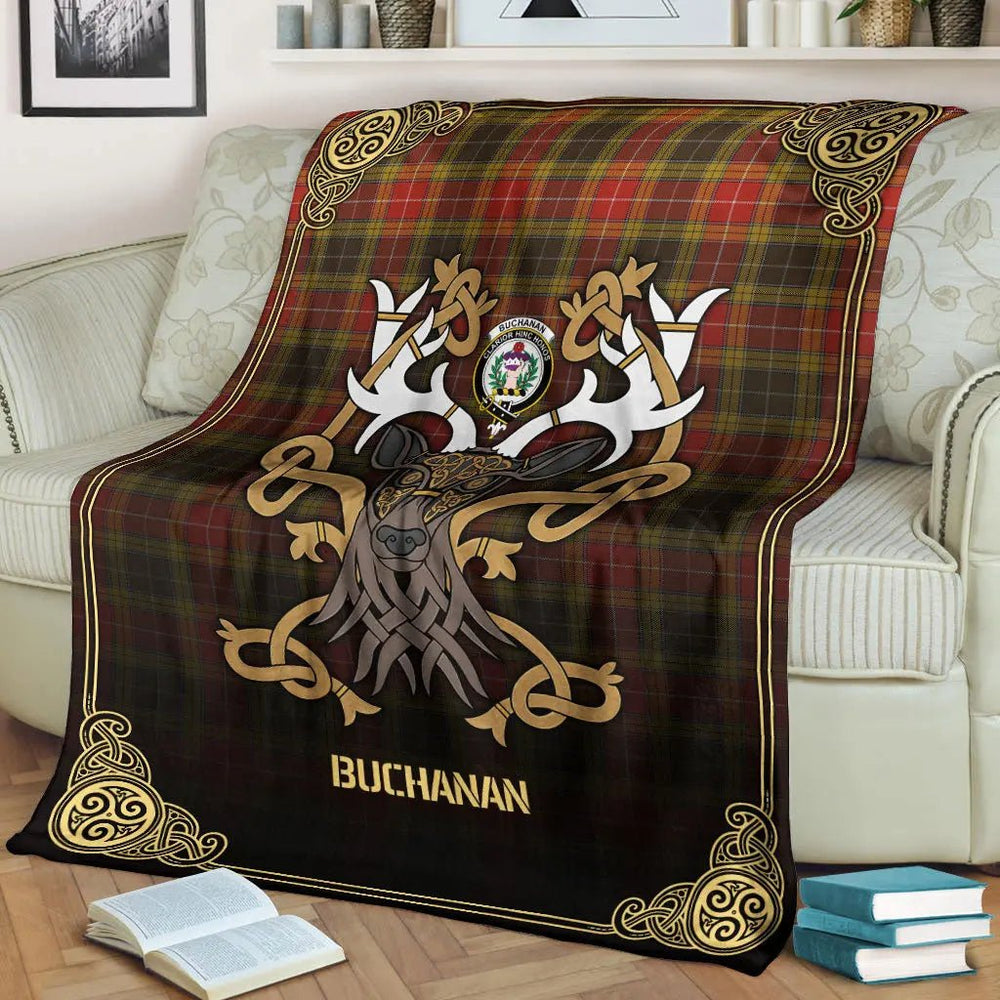 Clan Buchanan Old Set Weathered Tartan Crest Premium Blanket Celtic Stag Style FV47 Clan Buchanan Tartan Today   
