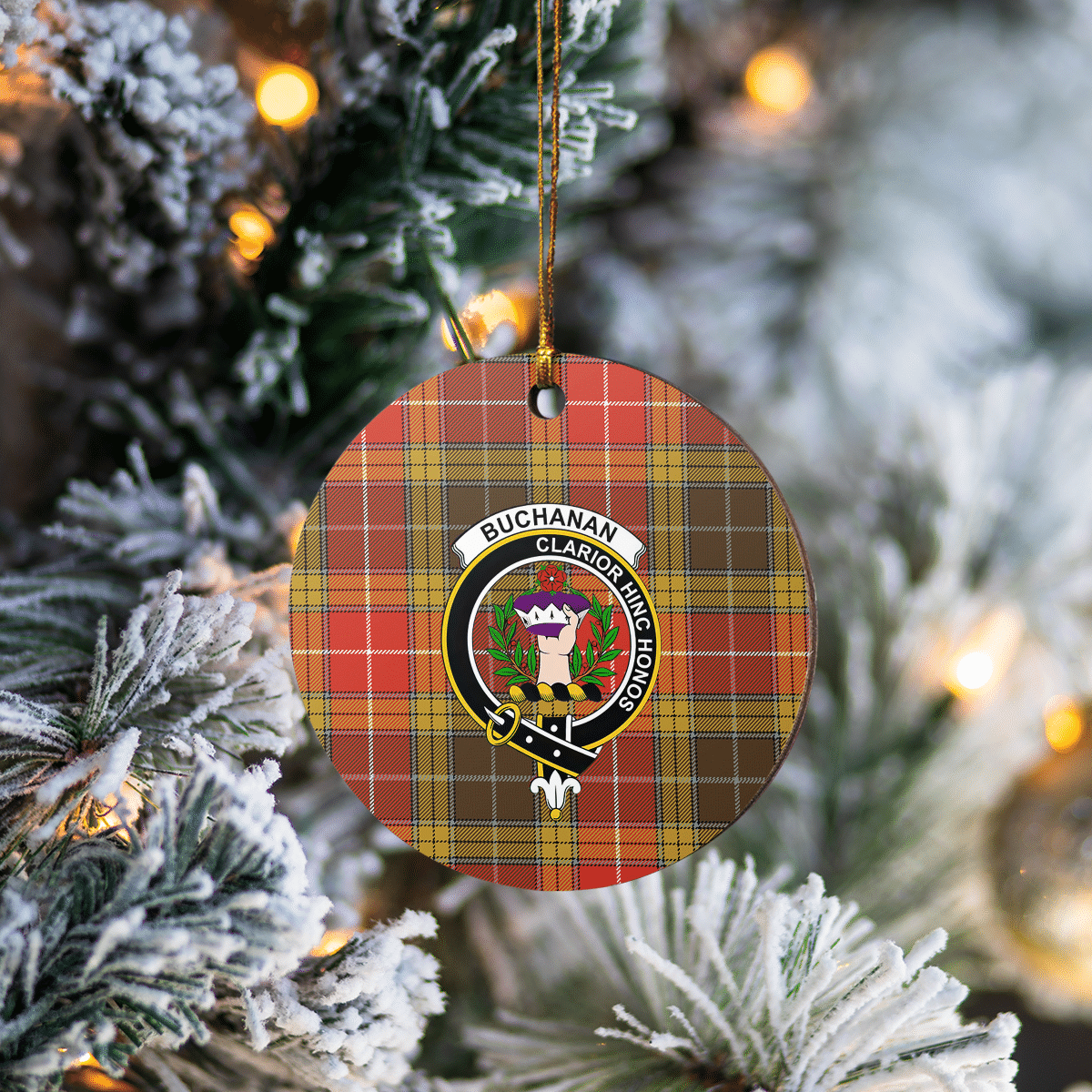 Clan Buchanan Old Set Weathered Tartan Crest Round Ceramic Ornament SB58 Buchanan Old Set Weathered Tartan Tartan Christmas   