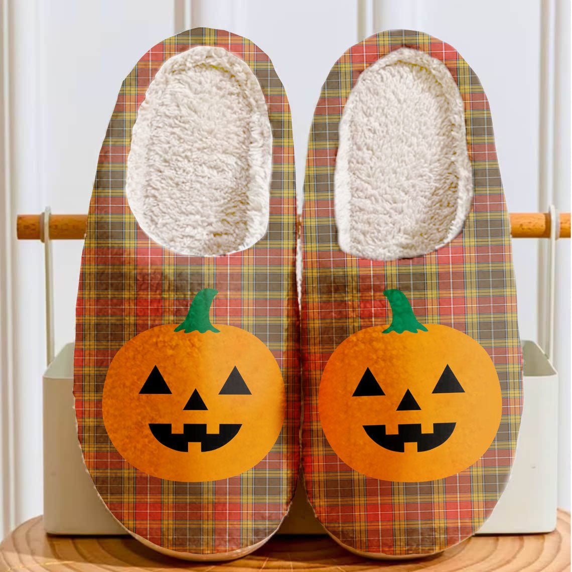 Clan Buchanan Old Set Weathered Tartan Halloween Pumpkin Slippers, Fluffy Spooky Slippers BA98 Buchanan Old Set Weathered Tartan Tartan Halloween   