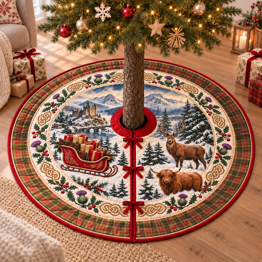 Buchanan Old Set Weathered tartan Christmas tree skirt with a Scottish Highland scene, stag, Highland cow and thistles under a Christmas tree