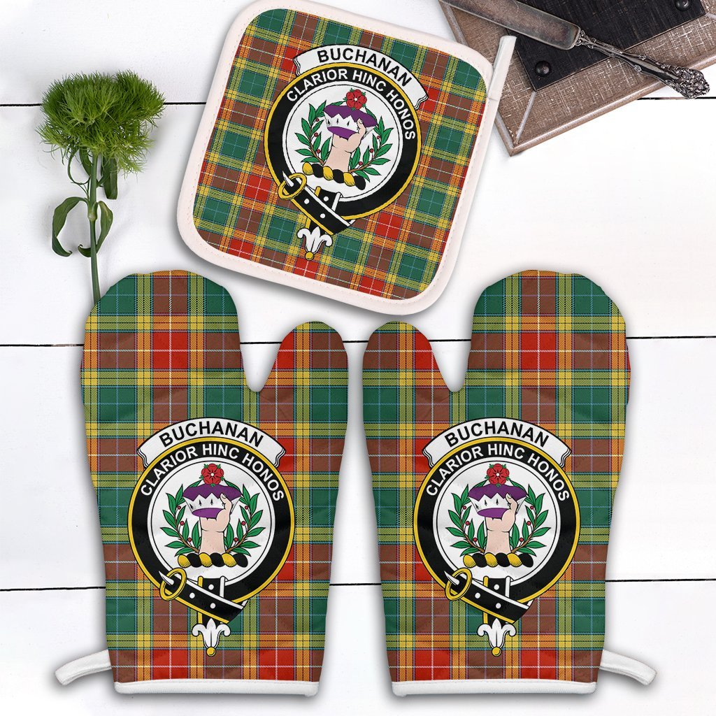 Clan Buchanan Old Sett Tartan Crest Oven Mitt And Pot Holder (2 Oven Mitts + 1 Pot Holder) KM33 Clan Buchanan Tartan Today   