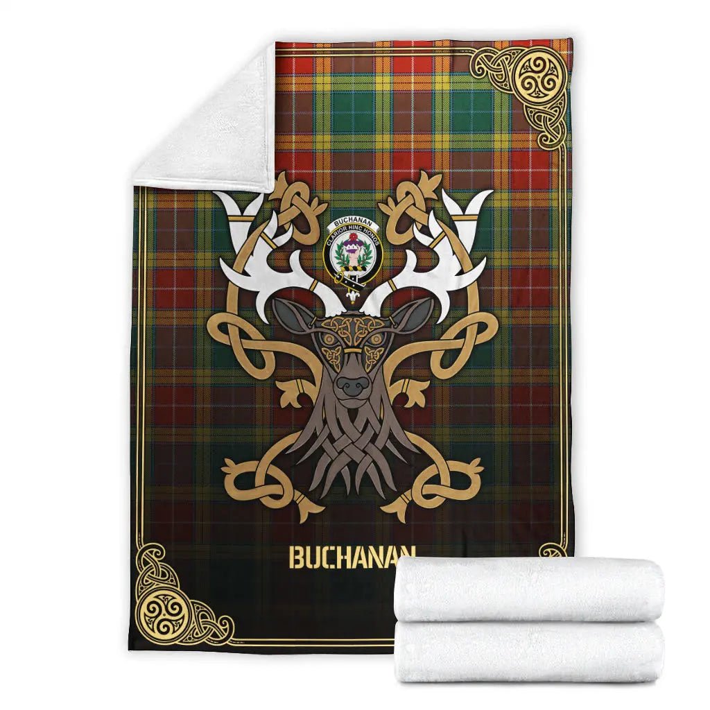 Clan Buchanan Old Sett Tartan Crest Premium Blanket Celtic Stag Style KA99 Clan Buchanan Tartan Today   