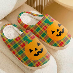 Clan Buchanan Old Sett Tartan Halloween Pumpkin Slippers, Fluffy Spooky Slippers LE87 Buchanan Old Sett Tartan Tartan Halloween   