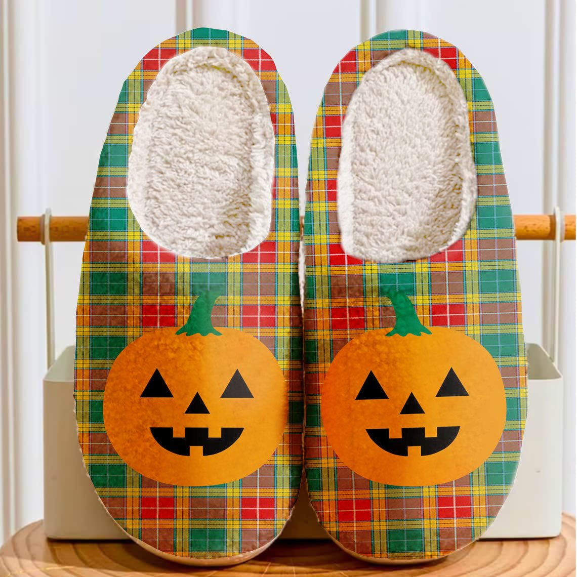 Clan Buchanan Old Sett Tartan Halloween Pumpkin Slippers, Fluffy Spooky Slippers LE87 Buchanan Old Sett Tartan Tartan Halloween   