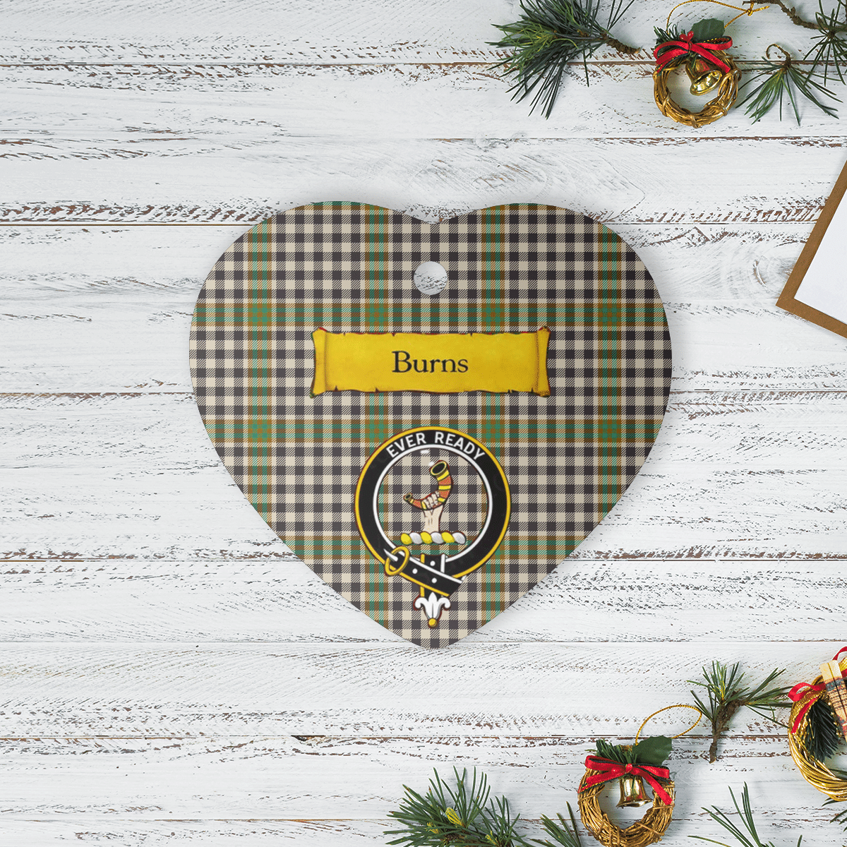 Clan Burns Check Tartan Crest Heart Ceramic Ornament YU58 Burns Check Tartan Tartan Christmas   