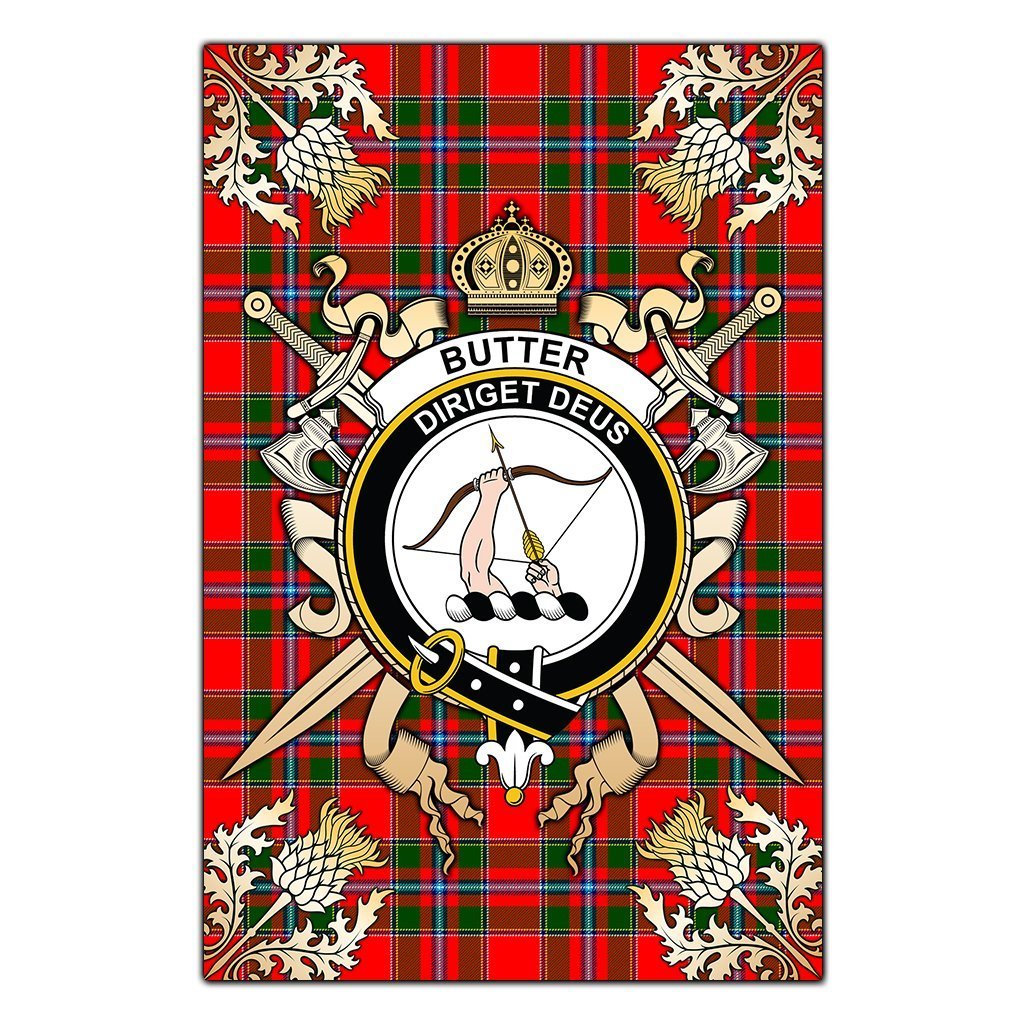 Clan Butter Tartan Crest Black Garden Flag  - Gold Thistle  AX48 Clan Butter Tartan Today   