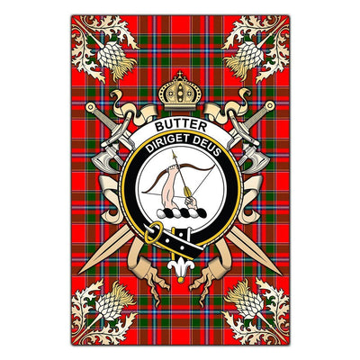 Clan Butter Tartan Crest Black Garden Flag - Gold Thistle