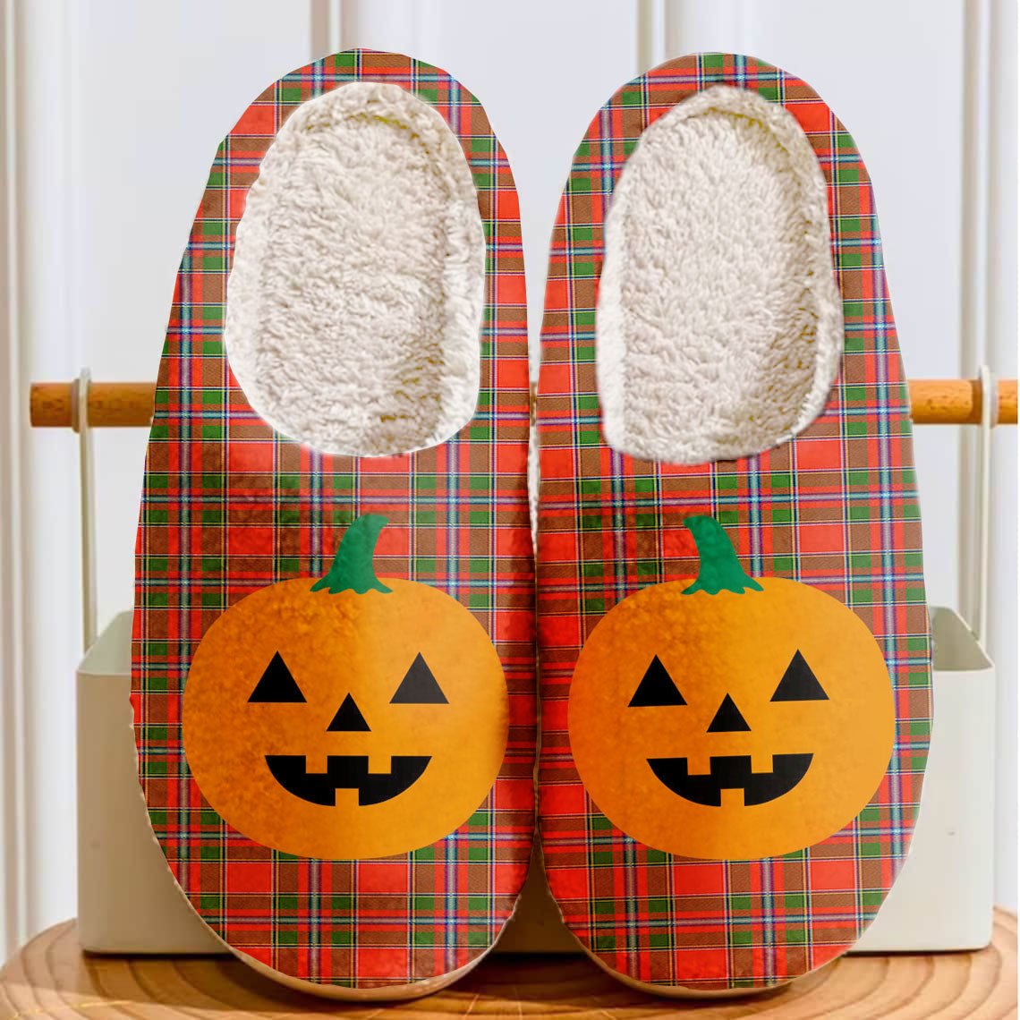 Clan Butter Tartan Halloween Pumpkin Slippers, Fluffy Spooky Slippers DU32 Butter Tartan Tartan Halloween   