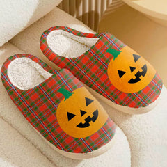 Clan Butter Tartan Halloween Pumpkin Slippers, Fluffy Spooky Slippers DU32 Butter Tartan Tartan Halloween   