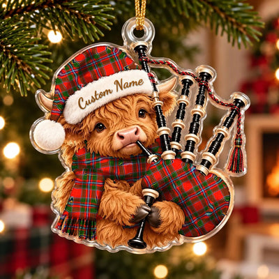 Clan Butter Tartan Piper Highland Cow Ornament with Custom Name