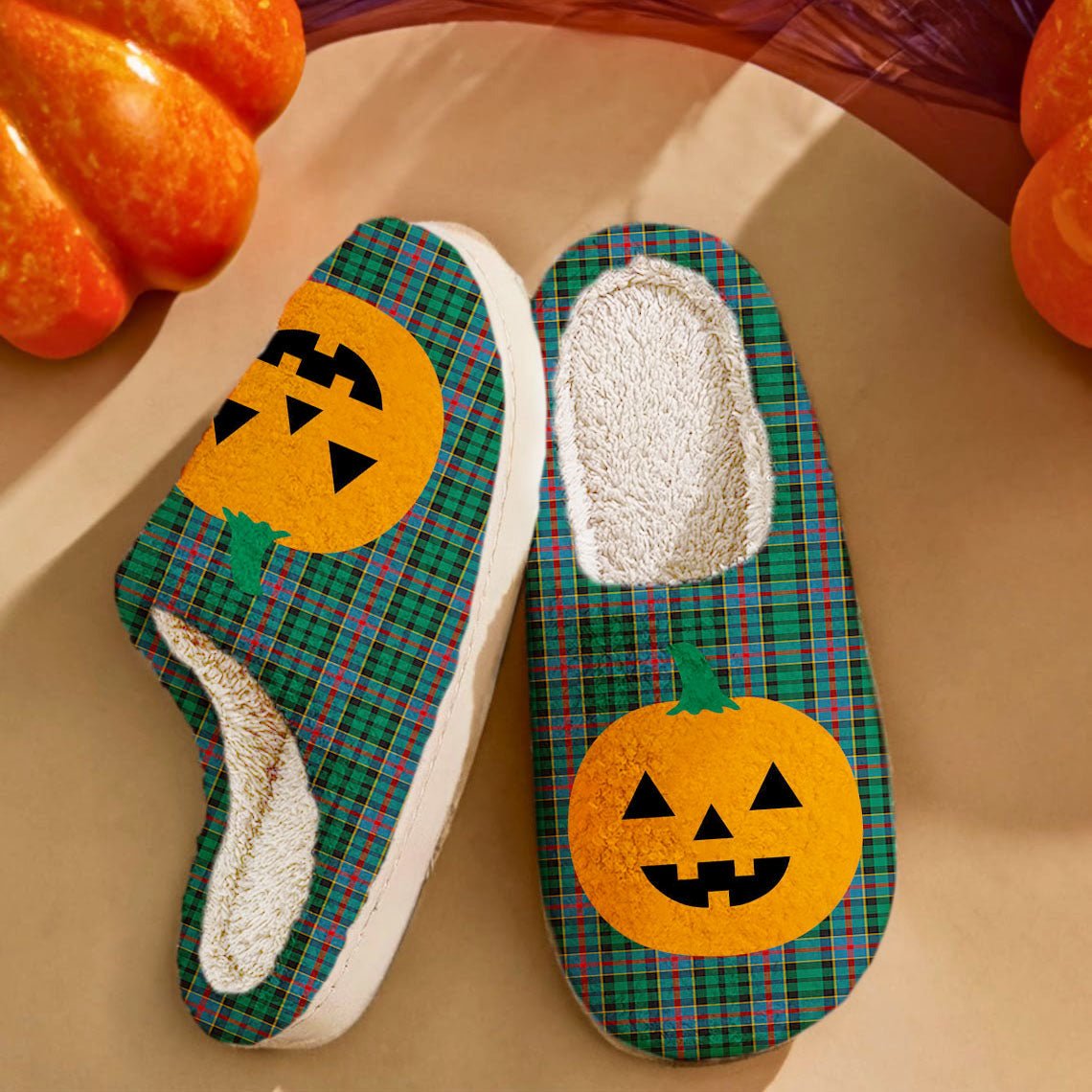 Clan Byres 1 Tartan Halloween Pumpkin Slippers, Fluffy Spooky Slippers TN48 Byres 1 Tartan Tartan Halloween   